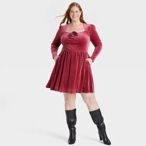 Ava & Viv Women's Holiday Long Sleeve Rosette Midi A Line Dress Cherry Size 2X